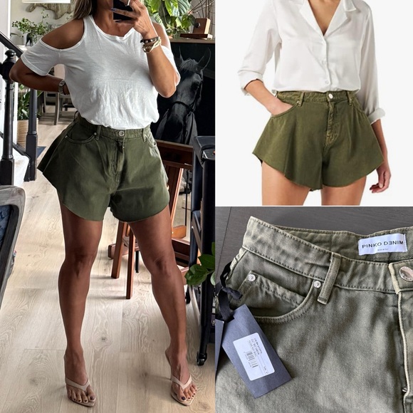 PINKO DENIM JEAN CALMA GREEN SHORTS - Picture 1 of 12